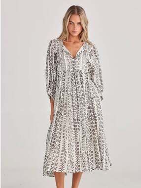 Talisman Wisteria Dress Paro Print Gray White Floral Boho Balloon Sleeve S